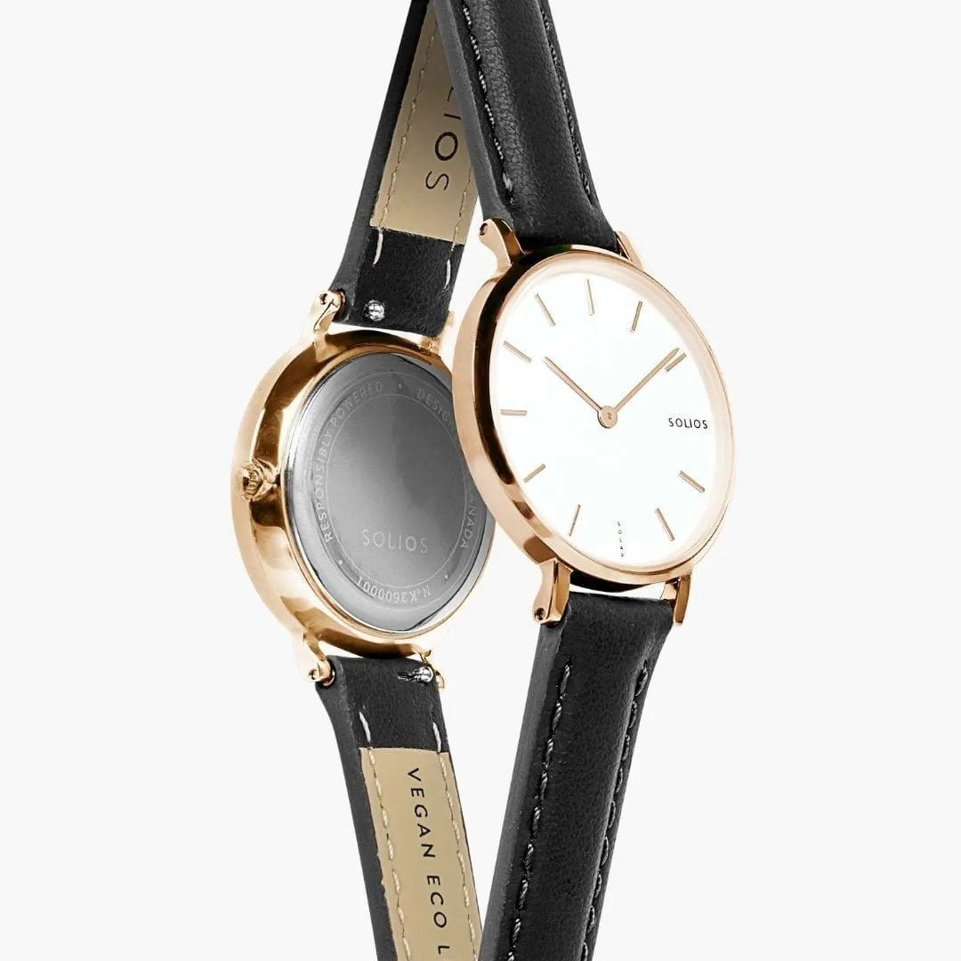 Mini Solar Watch with White & Rose Gold Dial  | Black Vegan Leather Strap