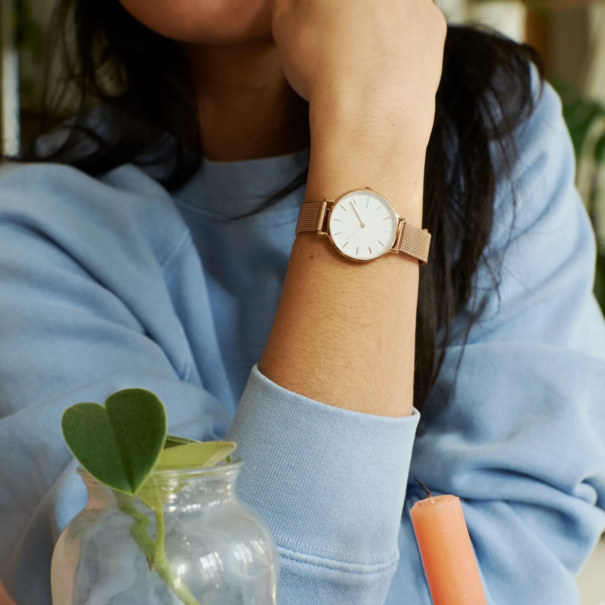 Mini Solar Watch with White & Rose Gold Dial  | Black Vegan Leather Strap