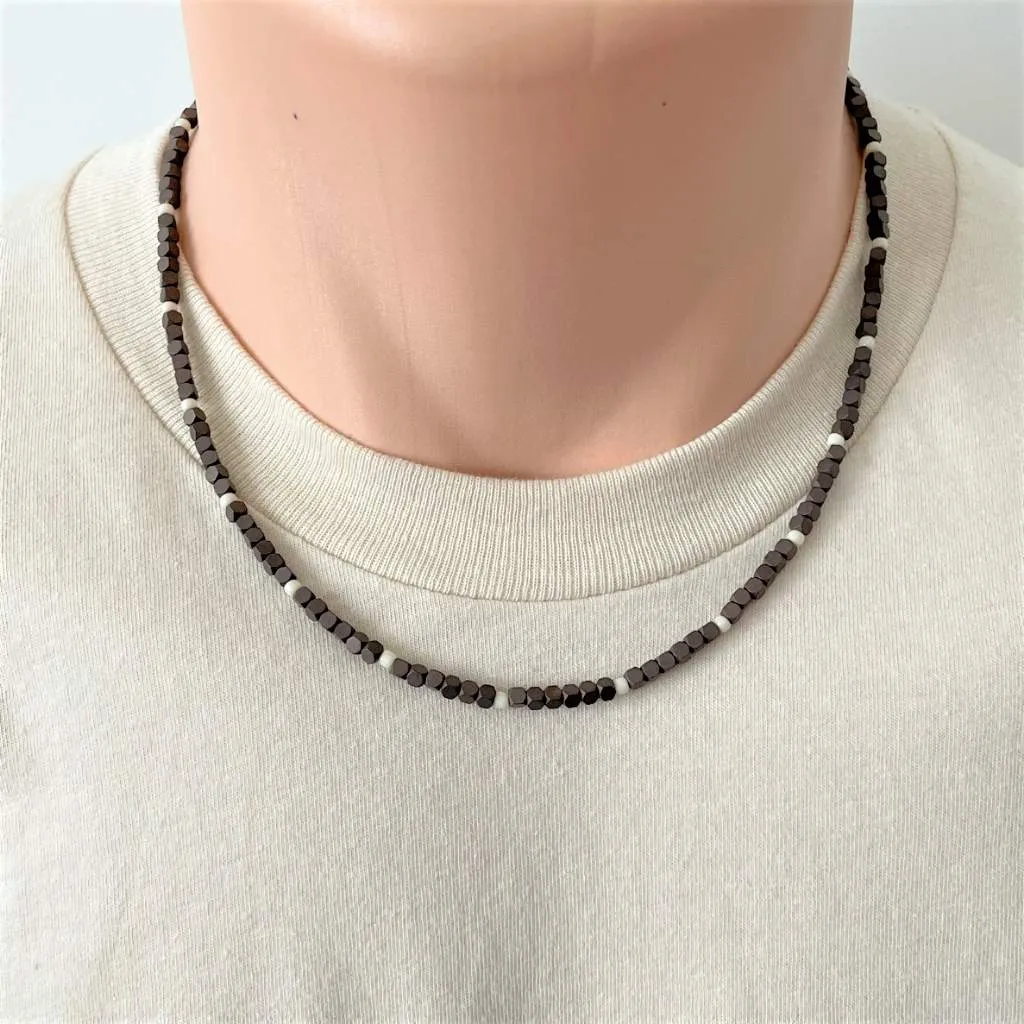 Mocha Matte Hematite Hexcut Mens Beaded Necklace