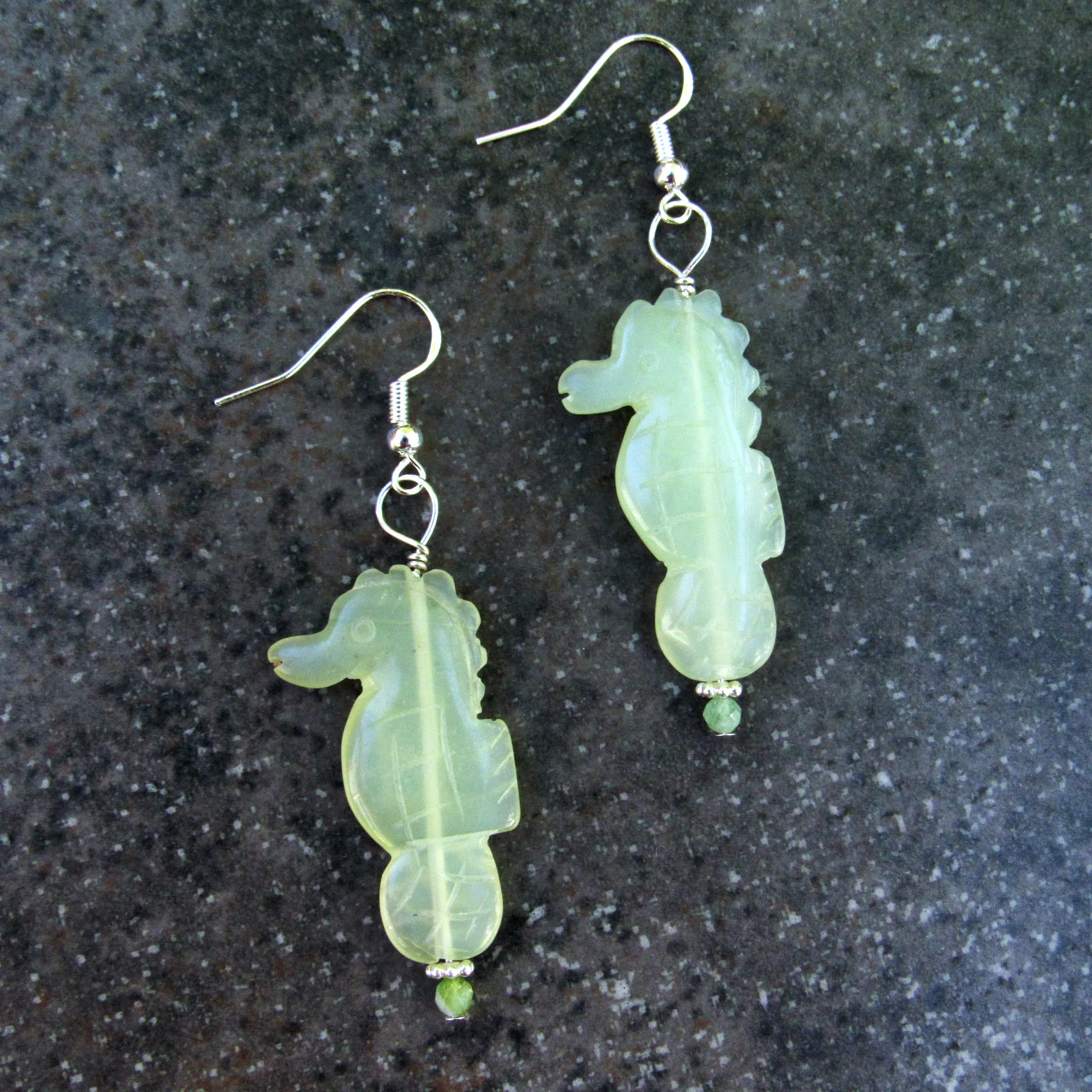 New Jade Gemstone Seahorse and Apatite w/ Sterling Silver Drop Earrings