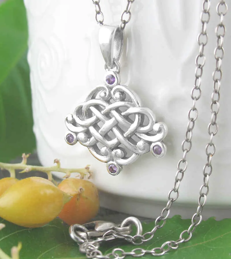 Ornate Celtic Heart Pendant With Amethyst Crystals