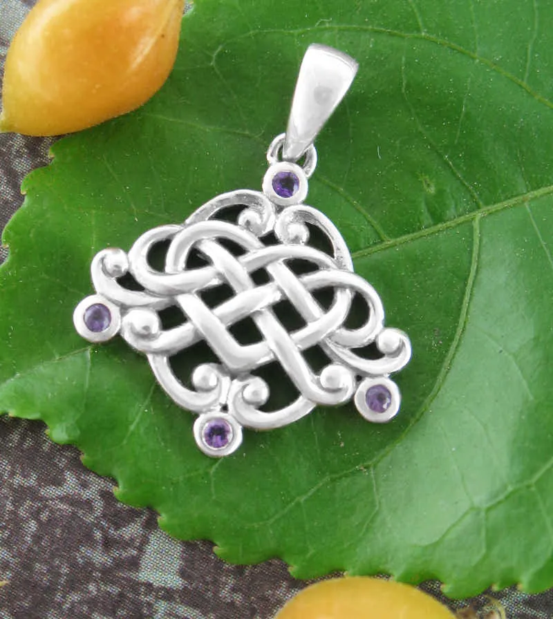 Ornate Celtic Heart Pendant With Amethyst Crystals