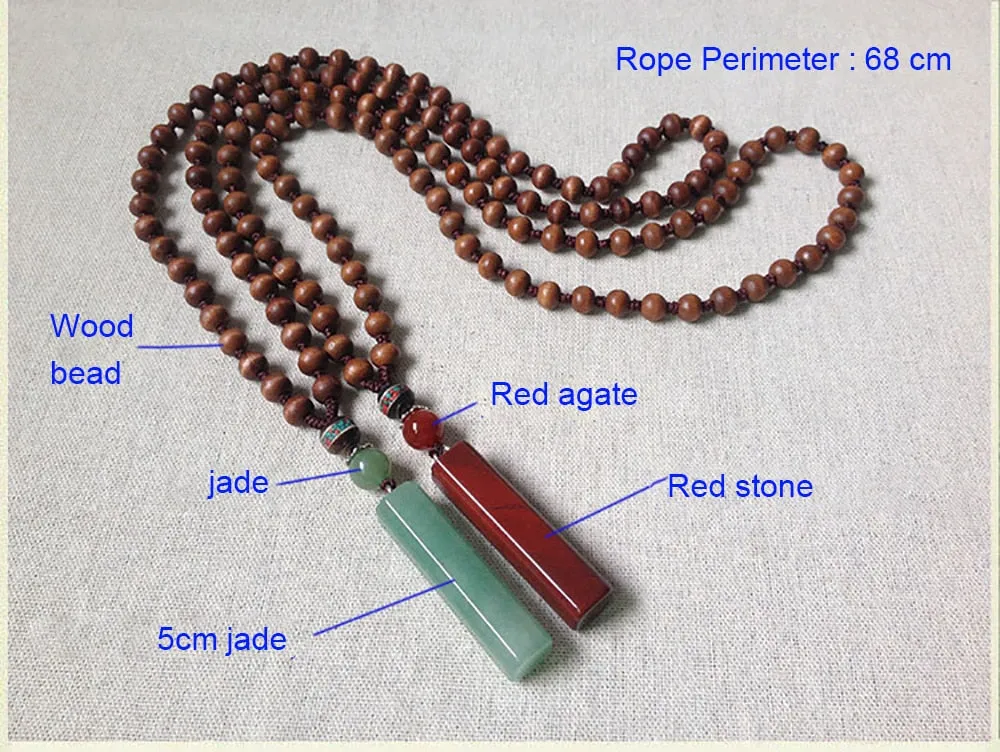 PANGA Wood Natural Green Jade Pendant Long Necklace