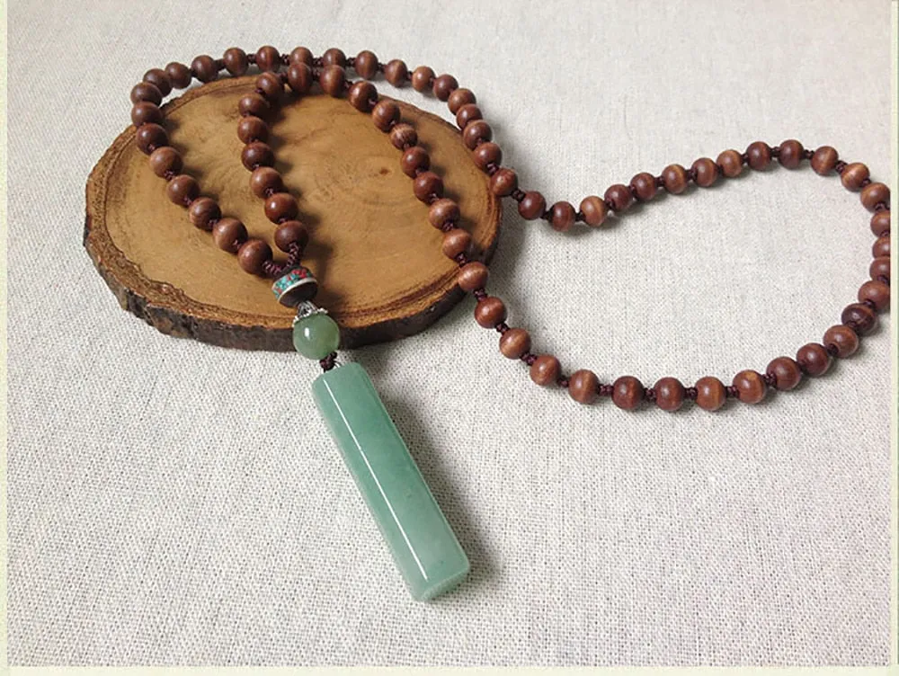 PANGA Wood Natural Green Jade Pendant Long Necklace