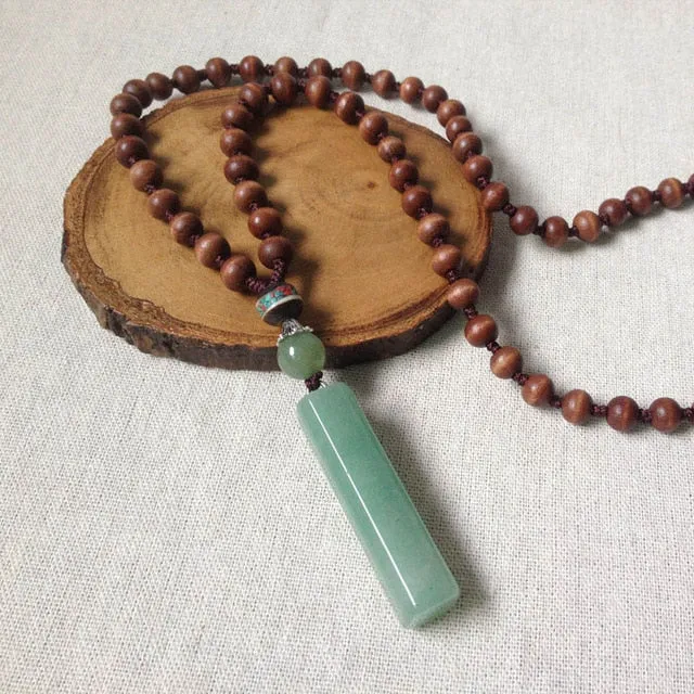 PANGA Wood Natural Green Jade Pendant Long Necklace