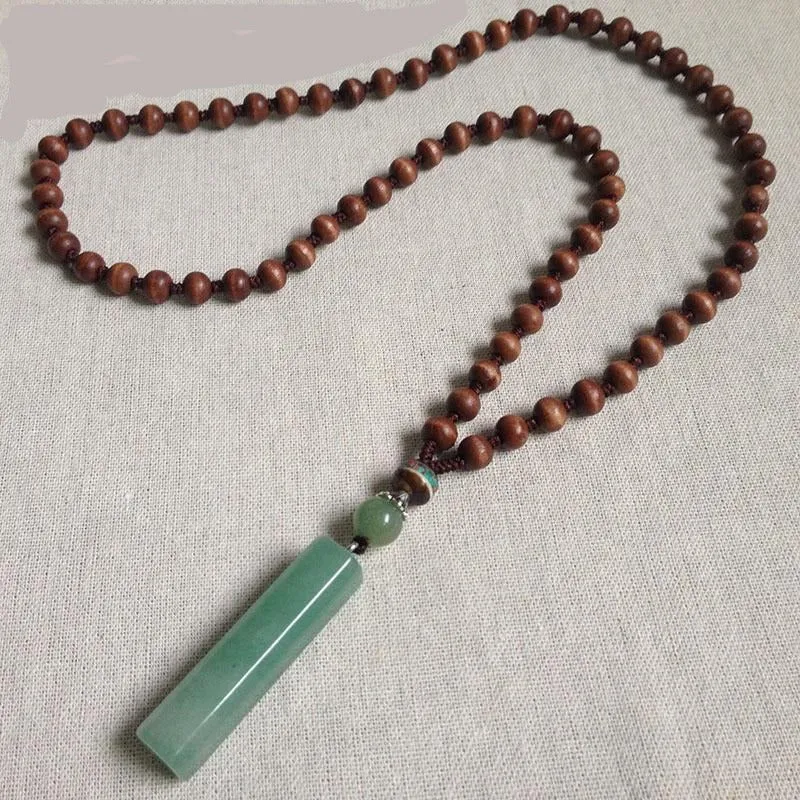 PANGA Wood Natural Green Jade Pendant Long Necklace