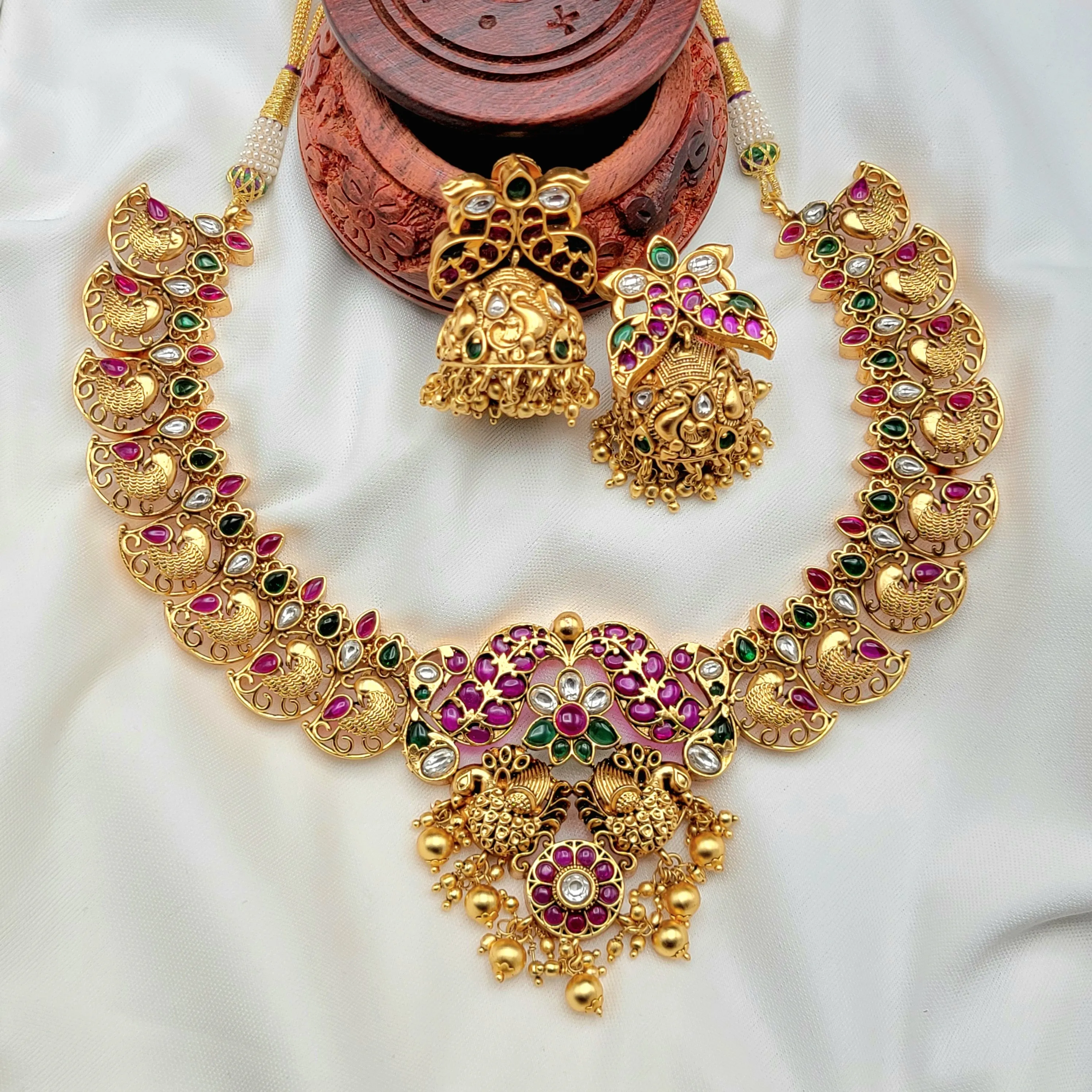 Peacock Nakshi work Real Kemp Necklace in Matte Antique Gold