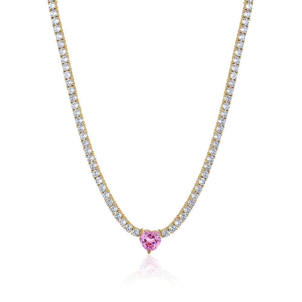 PINK  HEART CLASSIC TENNIS NECKLACE YELLOW GOLD