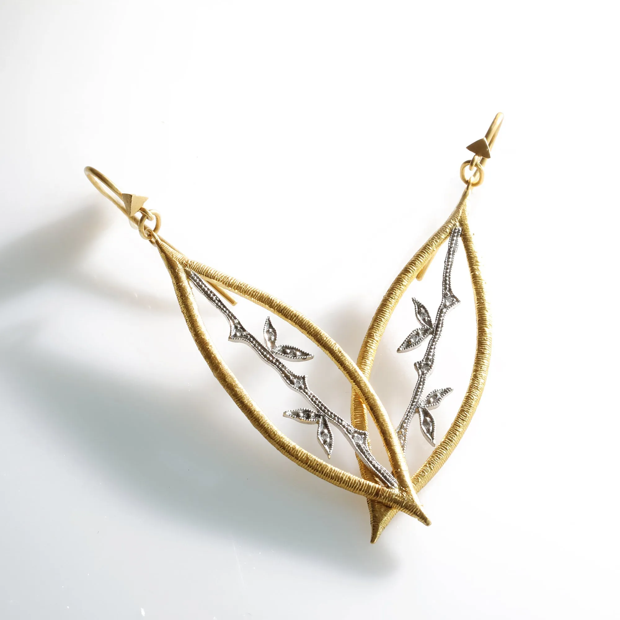 Platinum and 22K Gold Etched Marquise Bamboo Earrings