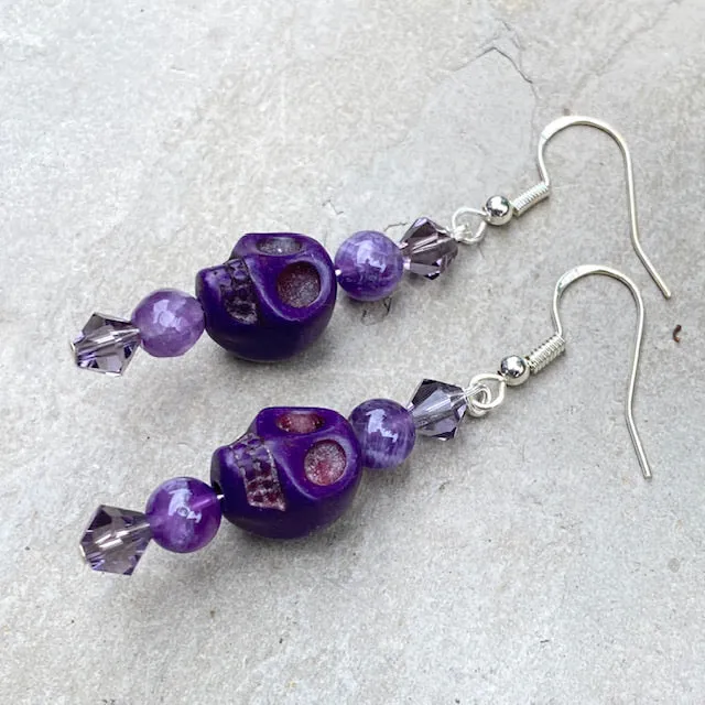 Purple Howlite Skull. Amethyst Gemstones & Swarovski Crystal Earrings