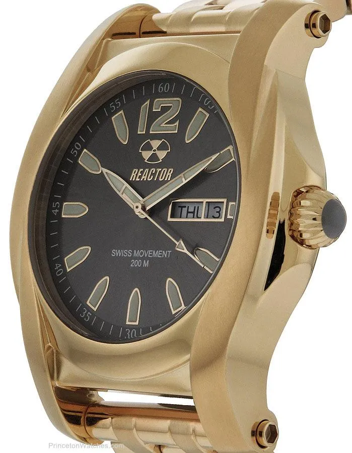 Reactor Mens Curie Watch - Gold-Tone - Bracelet - Smoke Dial - Day/Date - 200m