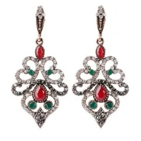 Red and Green Crystal Antique Gold Long Earrings