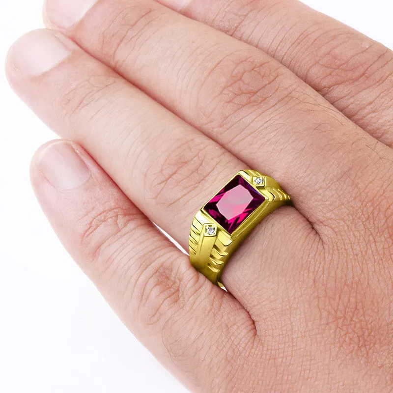 Red Ruby Men's Ring in 14k Yellow Gold with Genuine Diamonds