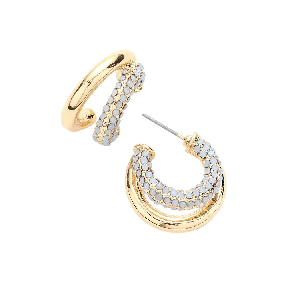 Rhinestone Embellished Split Metal Hoop Earrings