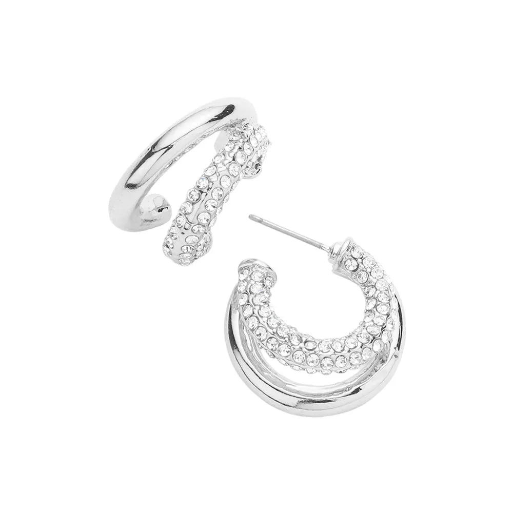 Rhinestone Embellished Split Metal Hoop Earrings