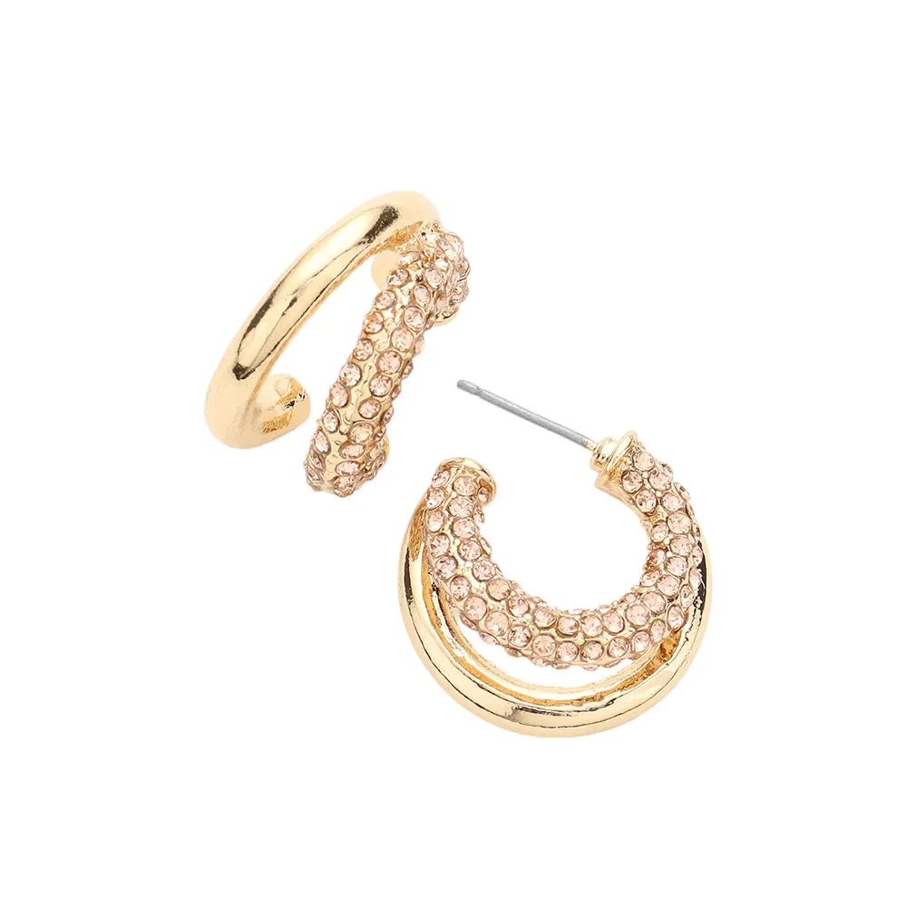 Rhinestone Embellished Split Metal Hoop Earrings