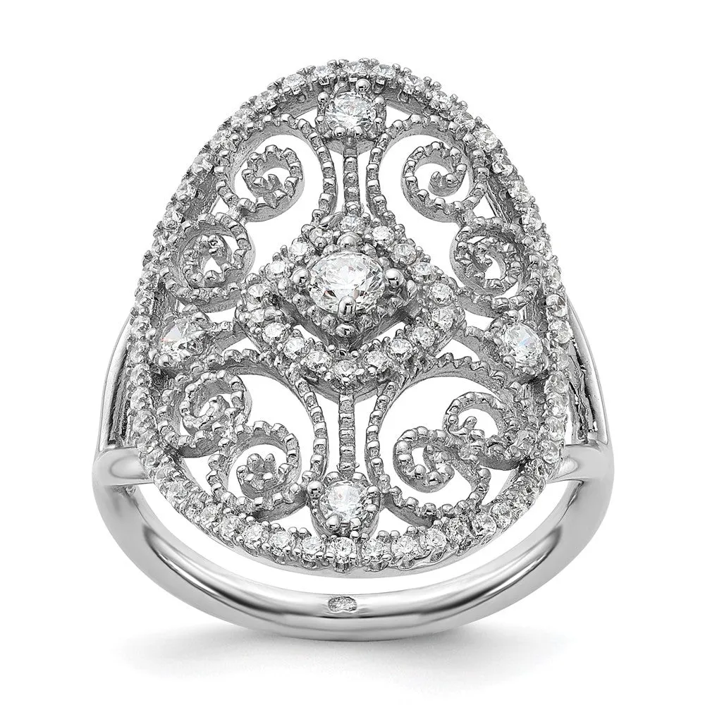 Rhodium-Plated CZ Filigree Oval Ring in Sterling Silver