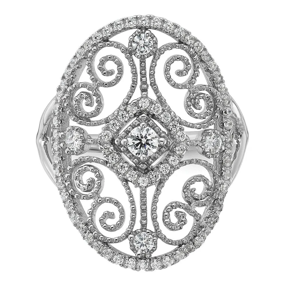 Rhodium-Plated CZ Filigree Oval Ring in Sterling Silver