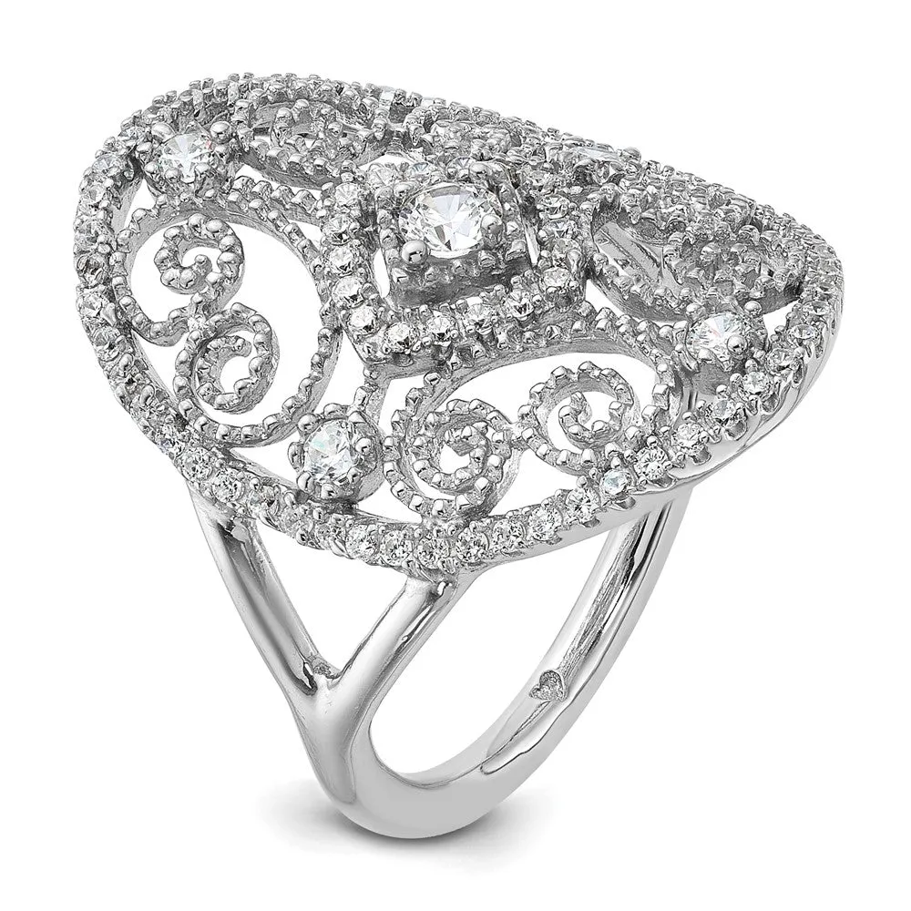 Rhodium-Plated CZ Filigree Oval Ring in Sterling Silver