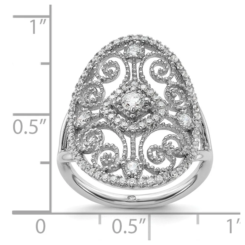 Rhodium-Plated CZ Filigree Oval Ring in Sterling Silver