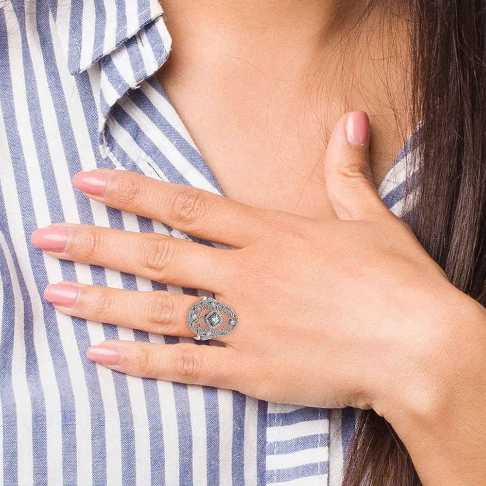 Rhodium-Plated CZ Filigree Oval Ring in Sterling Silver