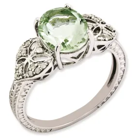 Rhodium-Plated Oval Diamond & Green Quartz Ring in Sterling Silver