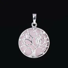 Rose Quartz Tree of Life With Owl Pendant Necklace