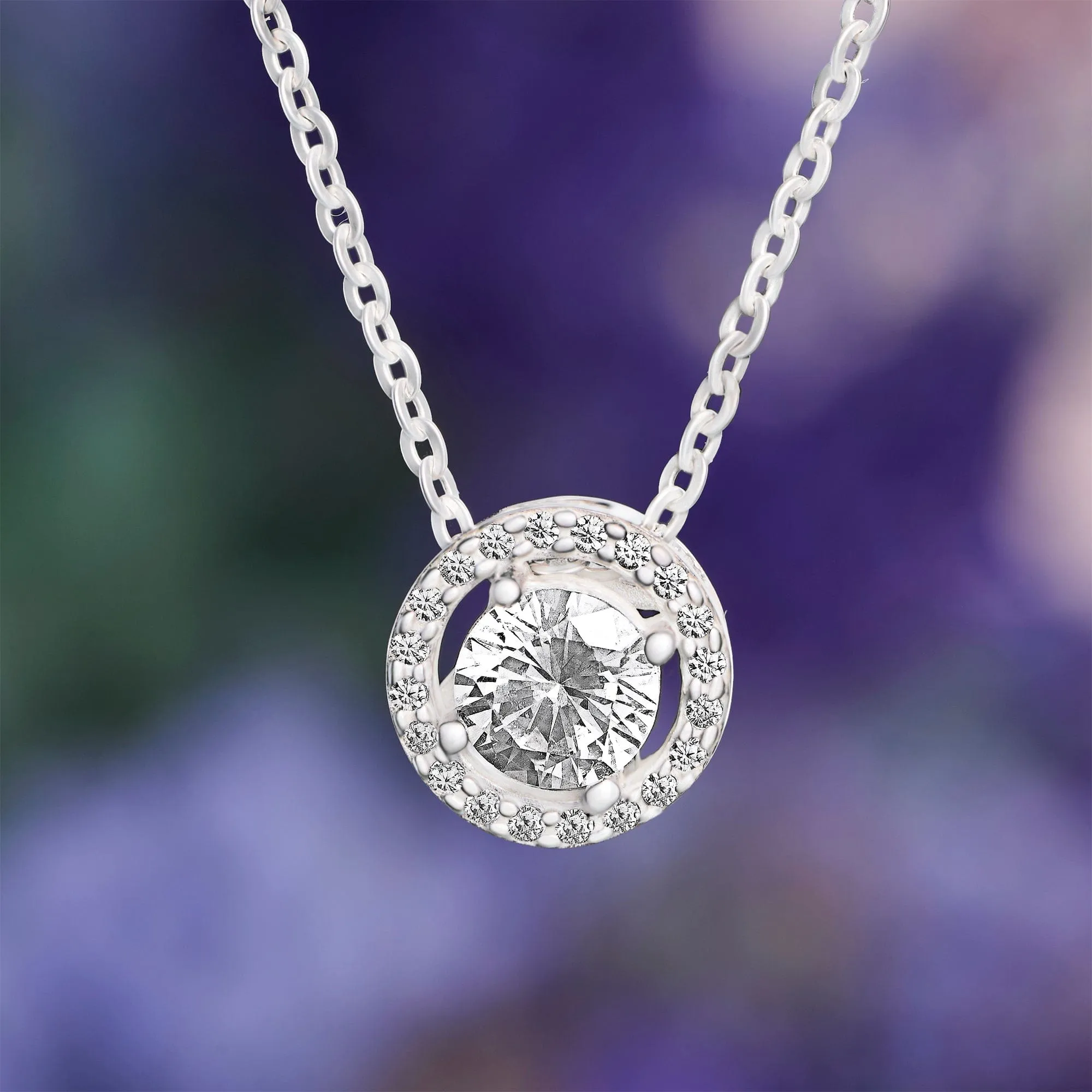 Round Sparkle Halo Necklace Sterling Silver