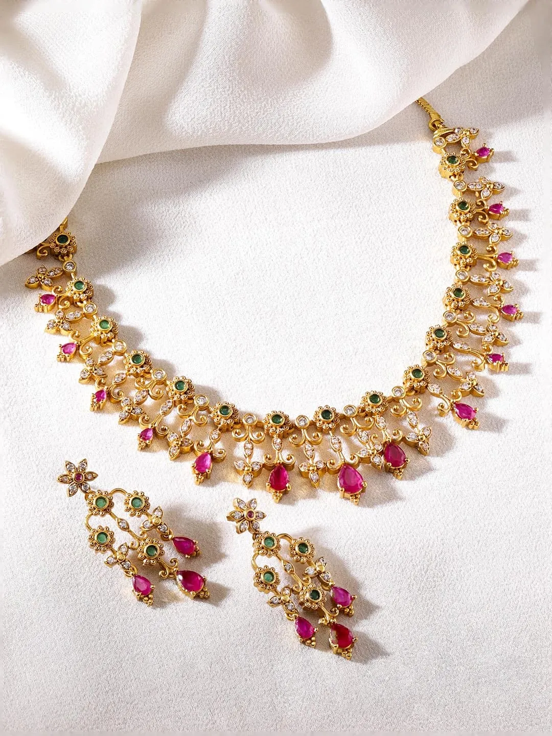 Rubans 22K Gold plated Ruby Zirconia Handcrafted Luxury Necklace Set