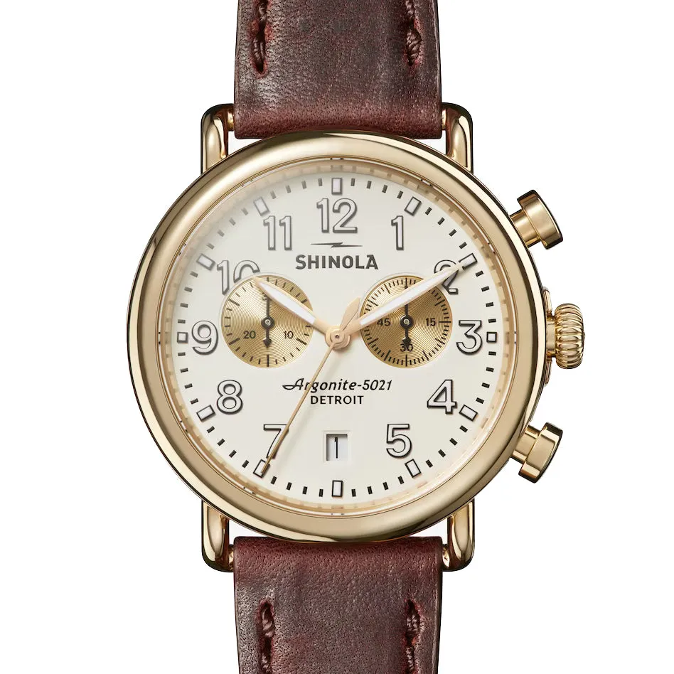 Shinola 41MM Runwell Gold PVD Two-Eye Chronograph Ivory Dial Watch S0120141502