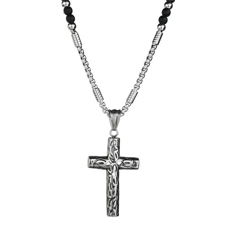 Silver Cross Pendant with Black Hematite Stone Bead Necklace