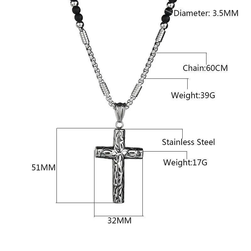 Silver Cross Pendant with Black Hematite Stone Bead Necklace