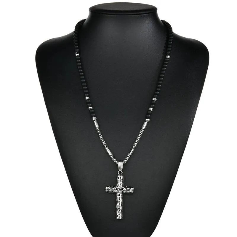 Silver Cross Pendant with Black Hematite Stone Bead Necklace