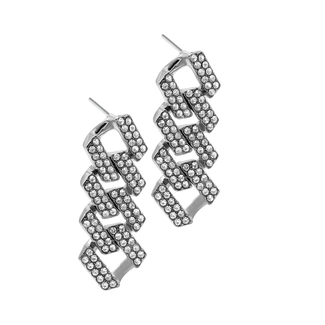 Silver Plated Edgy Cuban Chain Crystal Drop Earrings