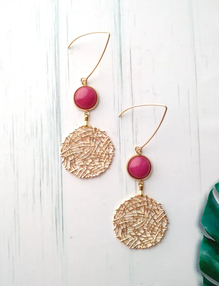 Sinamay with Pink Jade Drop Earrings