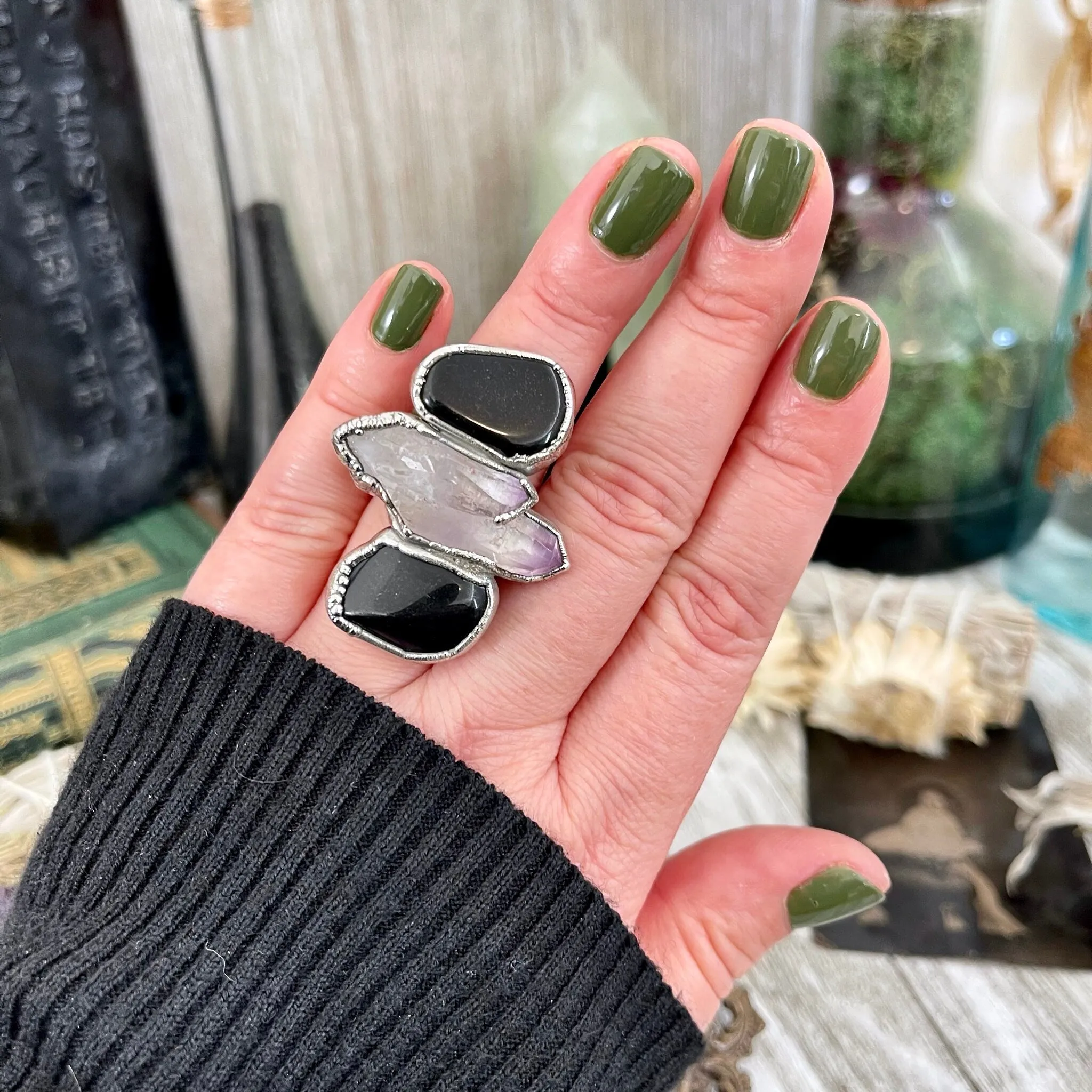 Size 7 Crystal Ring - Three Stone Black Onyx Purple Veracruz Amethyst Silver Ring / Foxlark Collection - One of a Kind