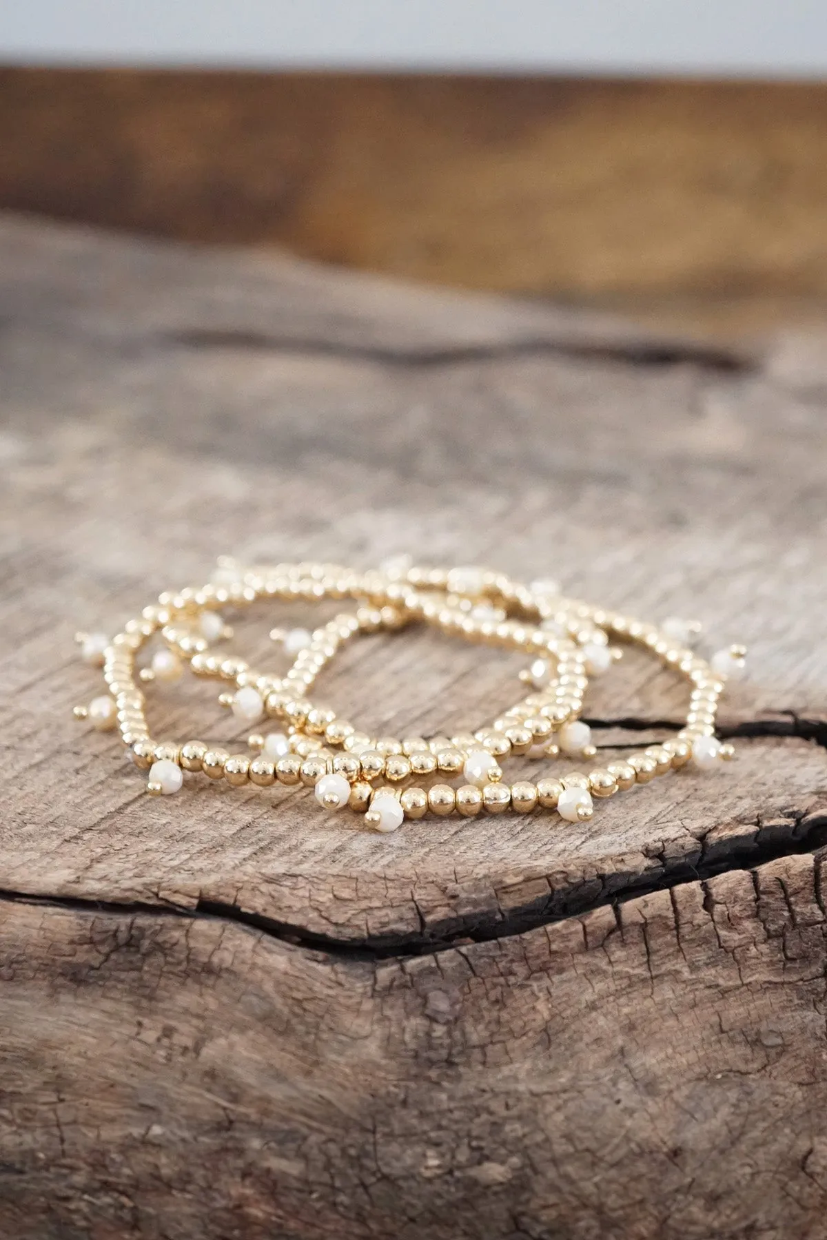 Small Gold tone and Glass beads bracelet stack of 3 bracelets