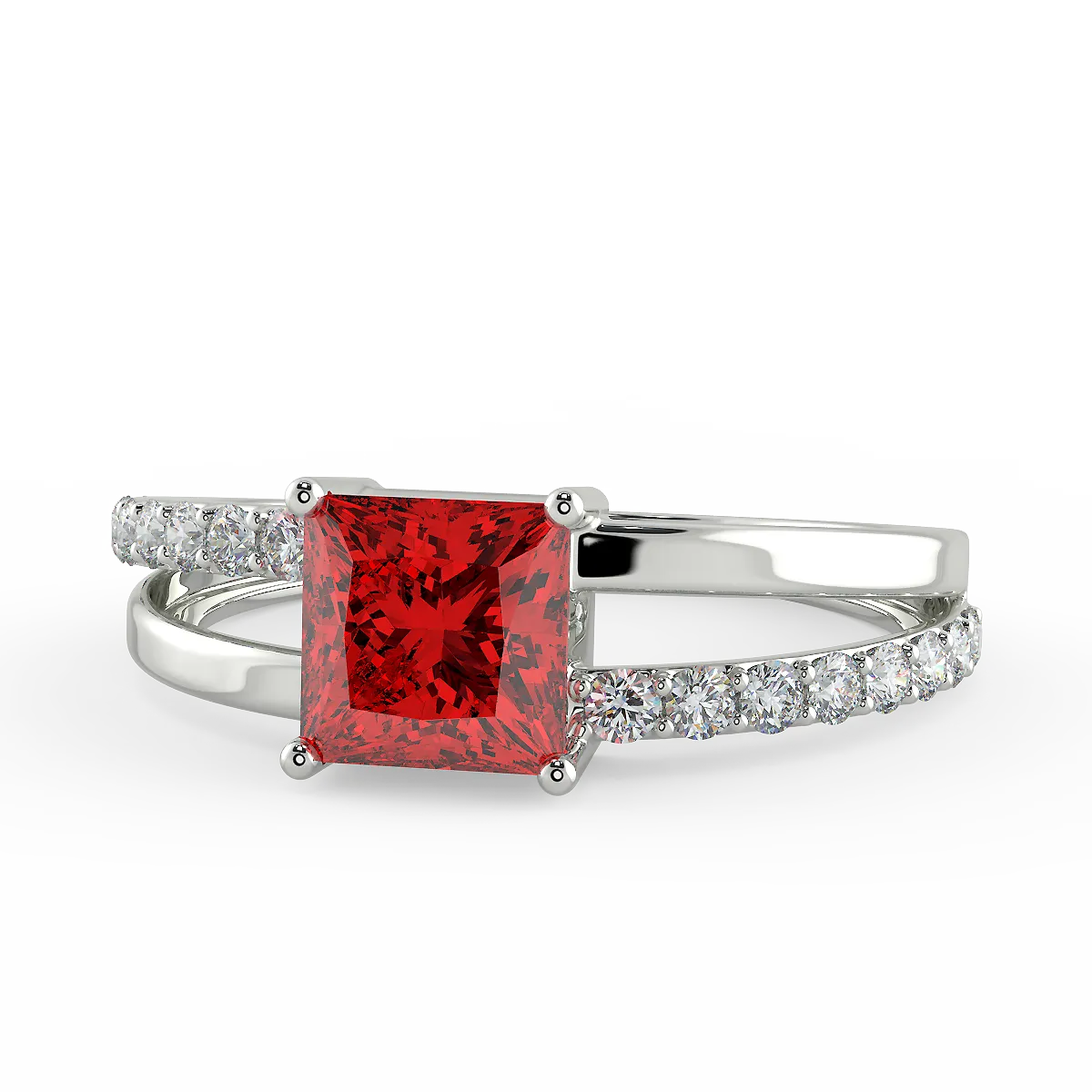 Square Cut Ruby Zircon Half Studded Silver Ring (925 Sterling Silver)