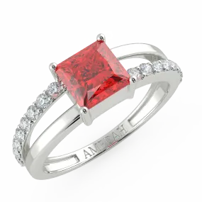 Square Cut Ruby Zircon Half Studded Silver Ring (925 Sterling Silver)