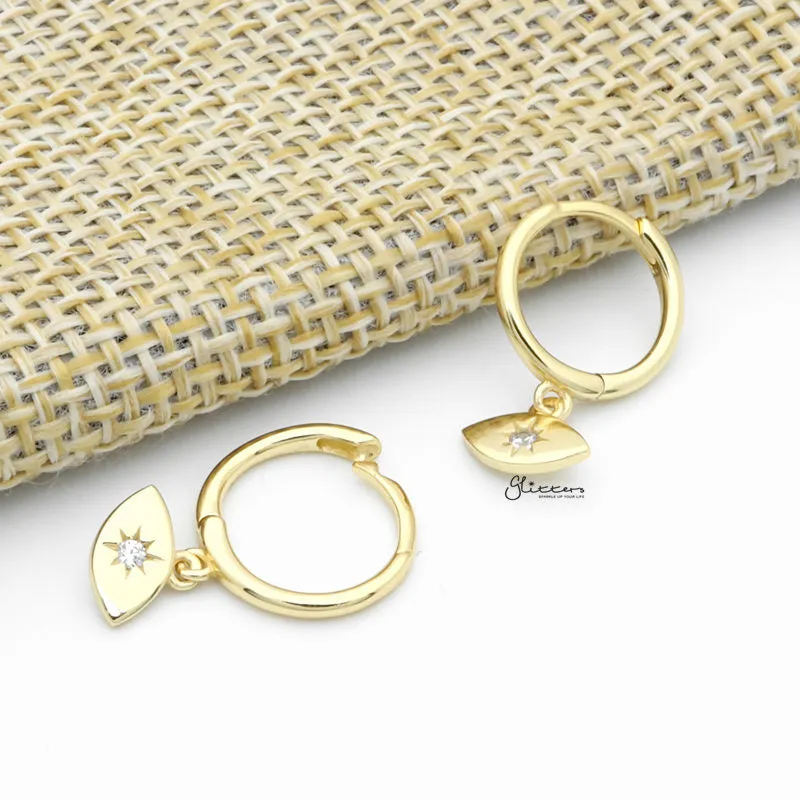 Sterling Silver CZ Eye Shaped Charm Huggie Hoop Earrings - Gold