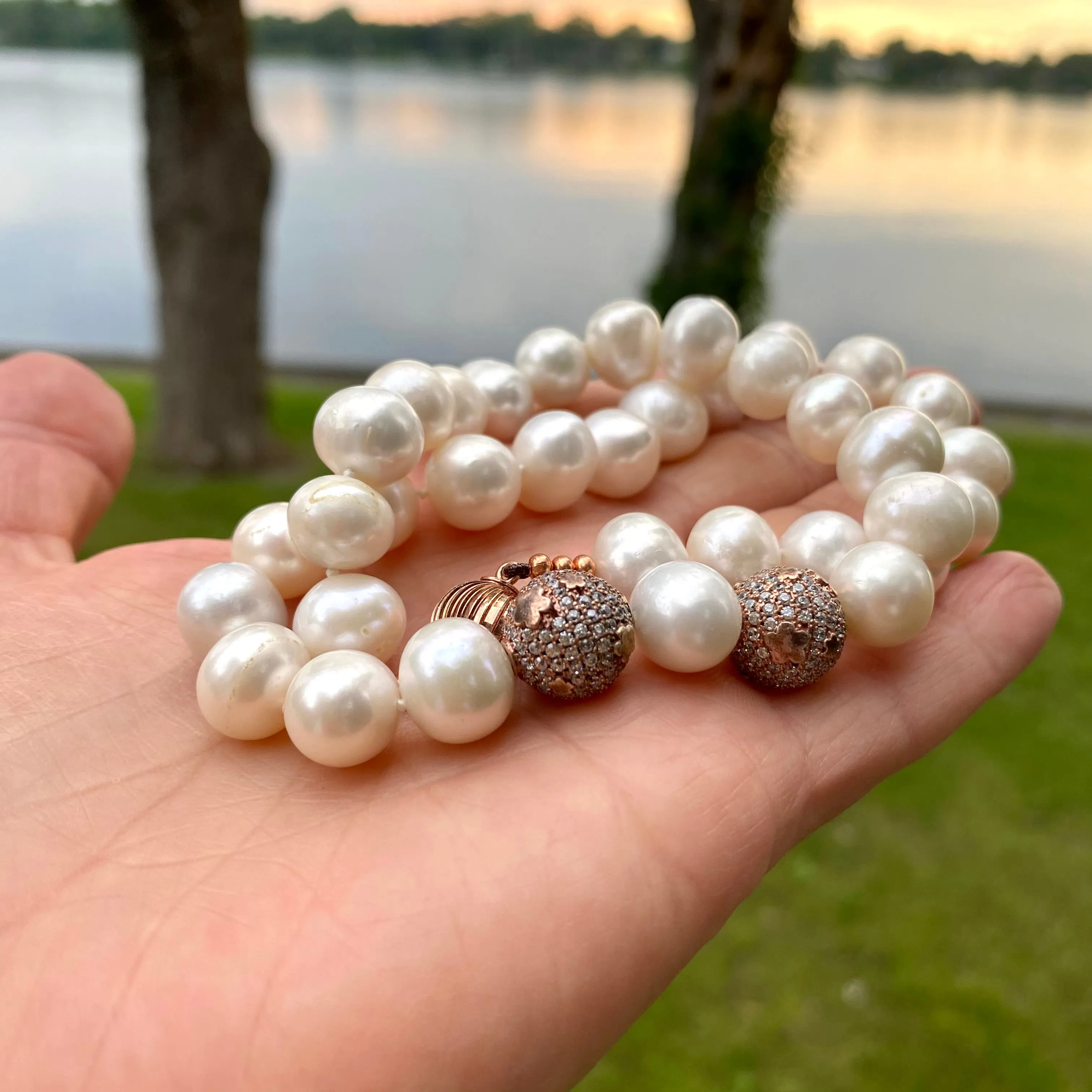 Stunning Short White Pearl Bridal Necklace with Rose Gold Plated Silver Elements and CZ Pave Accents, 16.5inches