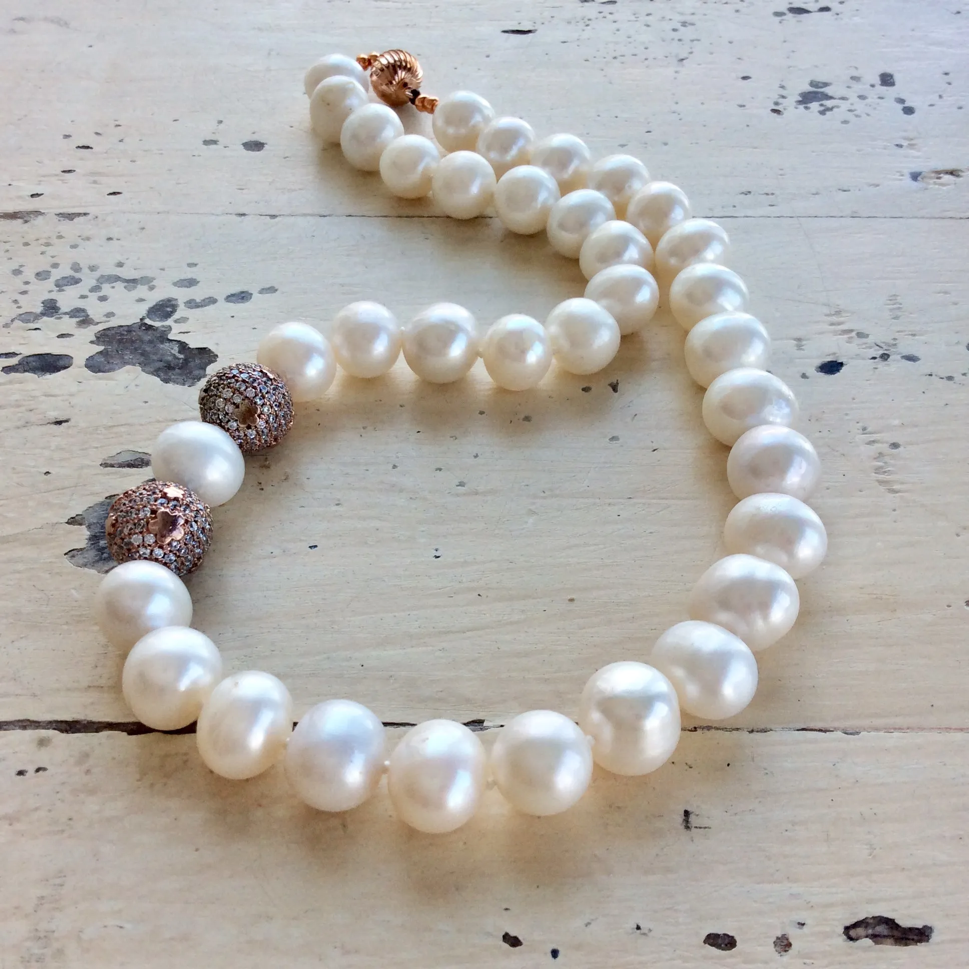 Stunning Short White Pearl Bridal Necklace with Rose Gold Plated Silver Elements and CZ Pave Accents, 16.5inches