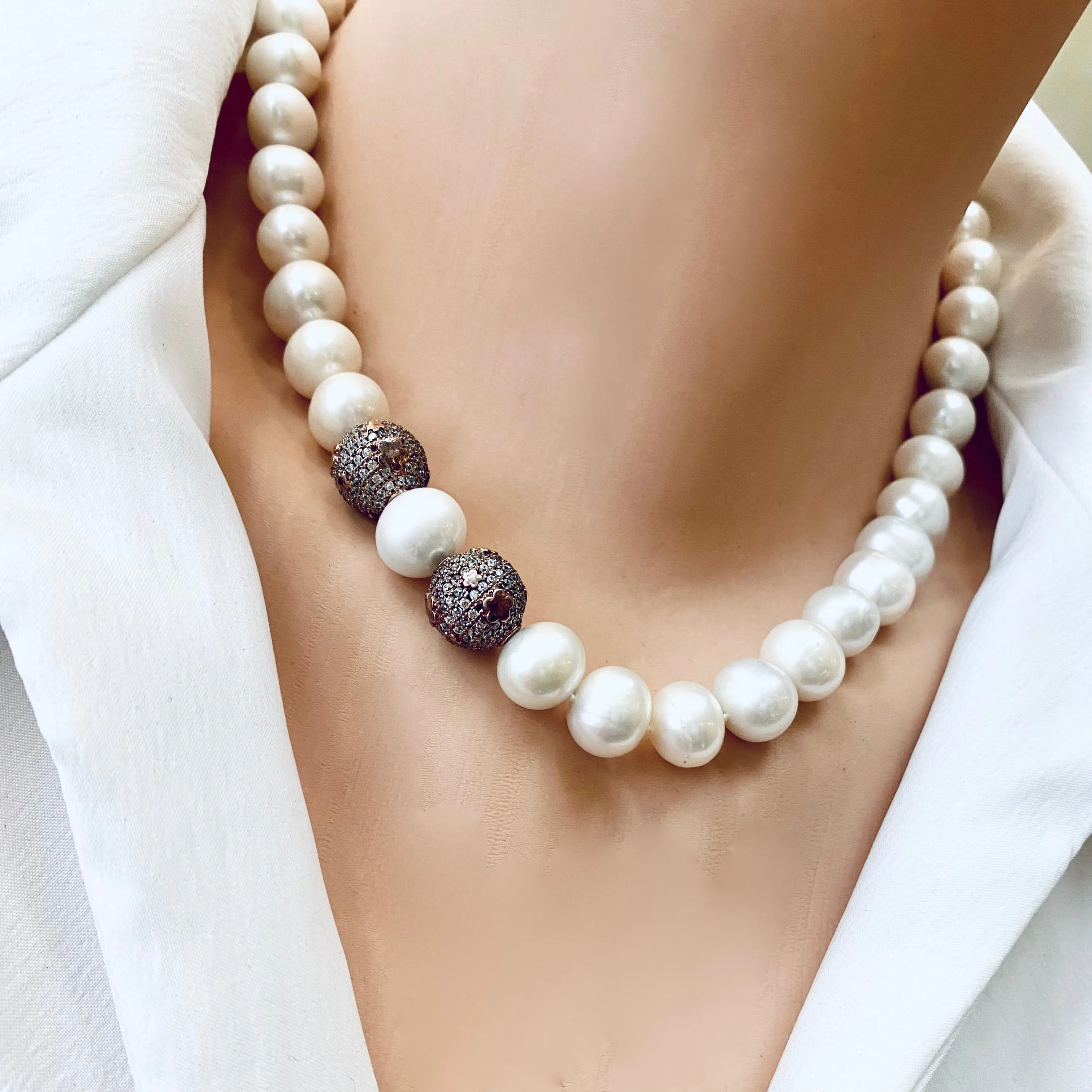 Stunning Short White Pearl Bridal Necklace with Rose Gold Plated Silver Elements and CZ Pave Accents, 16.5inches