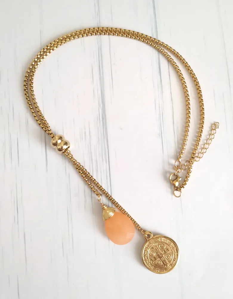 Teardrop Peach Jade with Padre Pio Slider Necklace