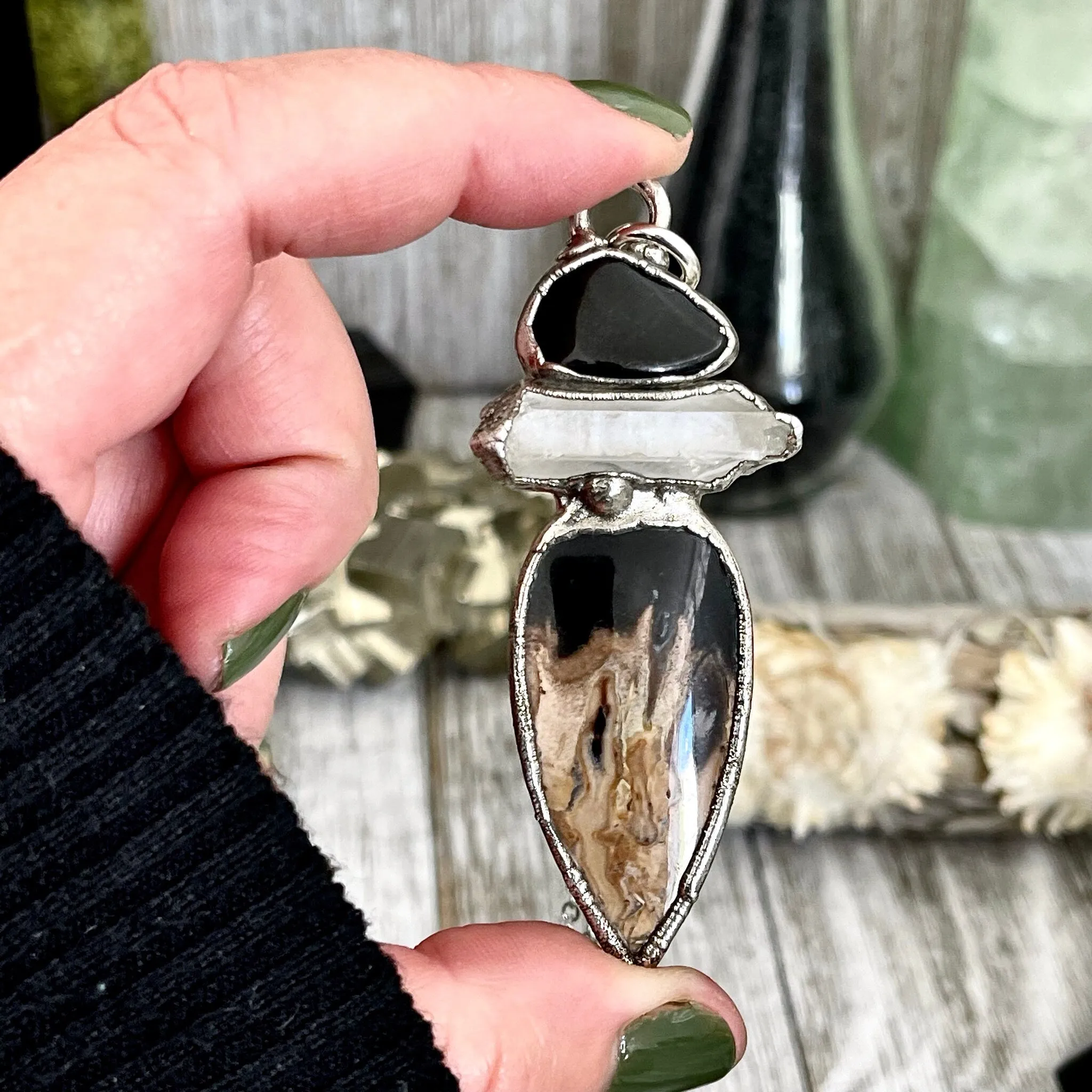 Three Stone  Clear Quartz Black Onyx Palm Root Necklace in Fine Silver / Foxlark Collection - One of a Kind Jewelry /