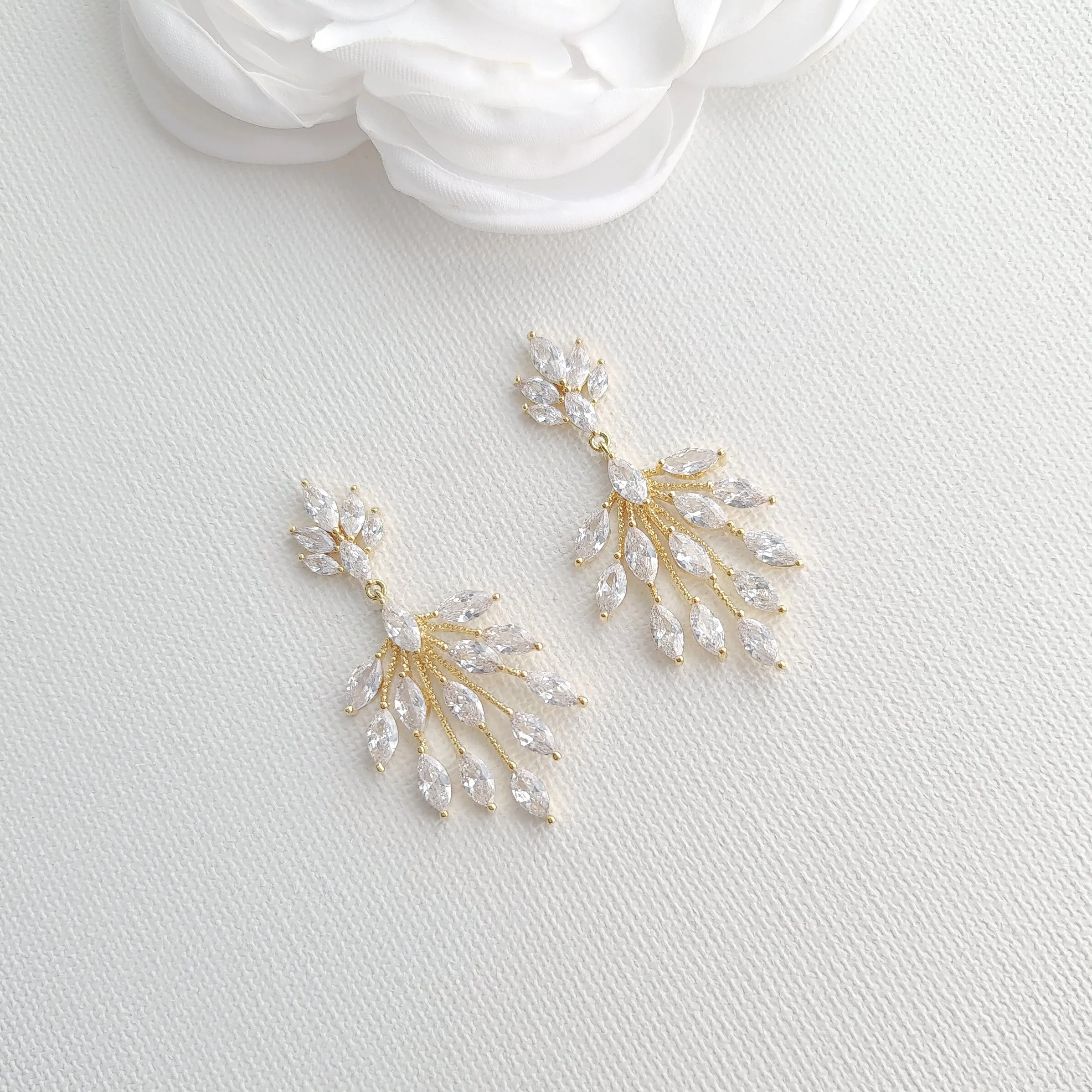 Tiny Leaf Chandelier Earrings in Gold For Brides-Belle