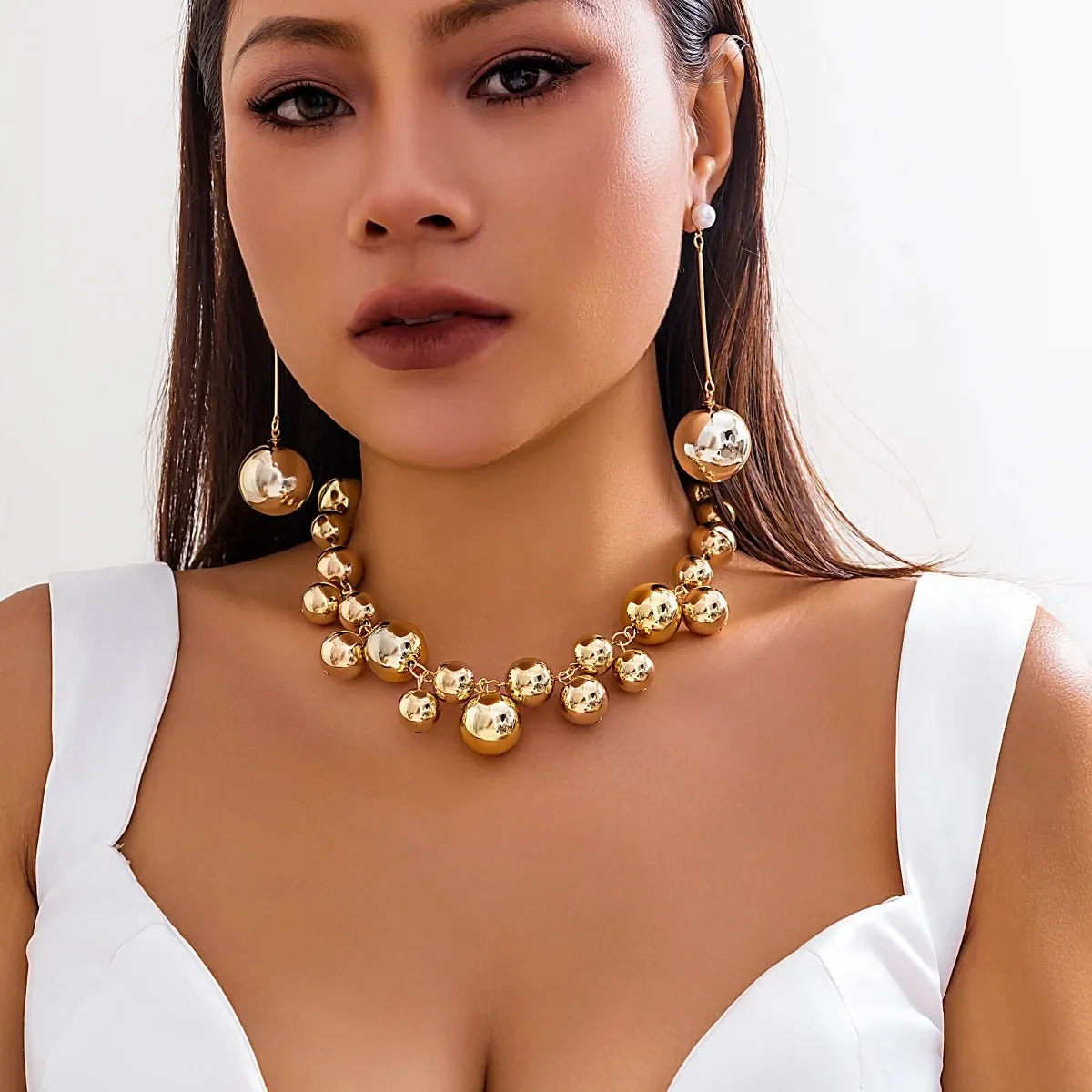 Trendy CCB Ball Jewelry Set for Women - Statement Necklace and Earrings with Exaggerated Beaded Design