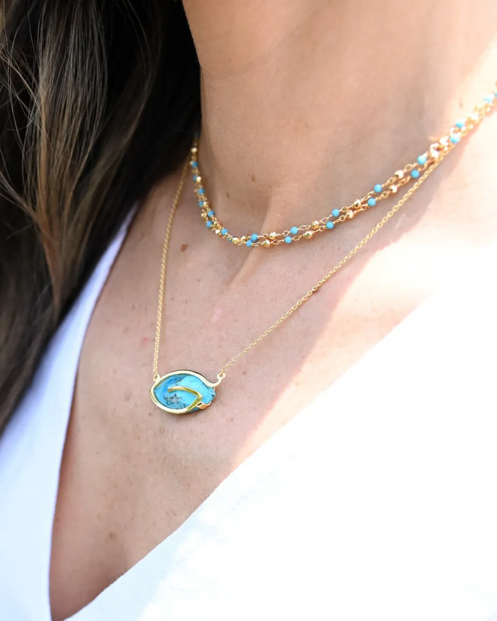 Turquoise & Golden Pyrite Long Necklace - 32