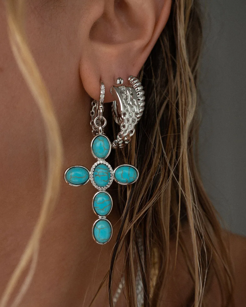 Turquoise Cross Earrings- Silver