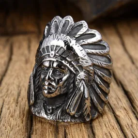 Vintage Stainless Steel Indian Chief Eagle Feathers Ring